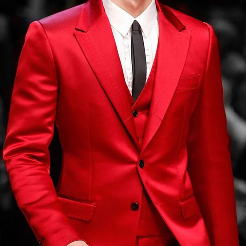 Slim Fit Red Men Suits for Prom Singer Stage 3 Piece Satin Wedding Groom Tuxedo Male Fashion Jacket Waistcoat with Pants 2023