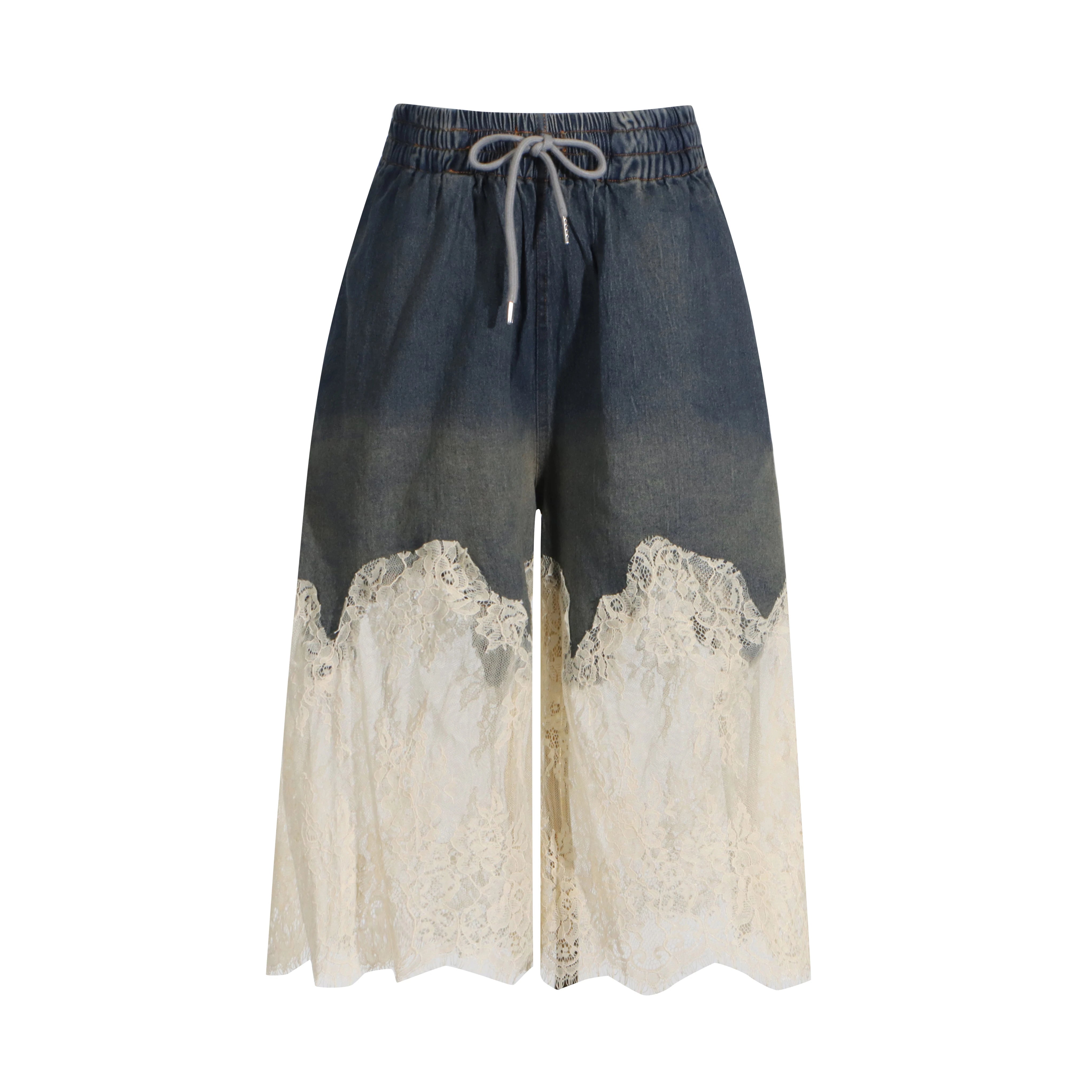 TWOTWINSTYLE Spliced Lace Denim Two Piece Set For Women V Neck Sleevelss Top High Waist Knee Length Pant Streetwear Sets Female