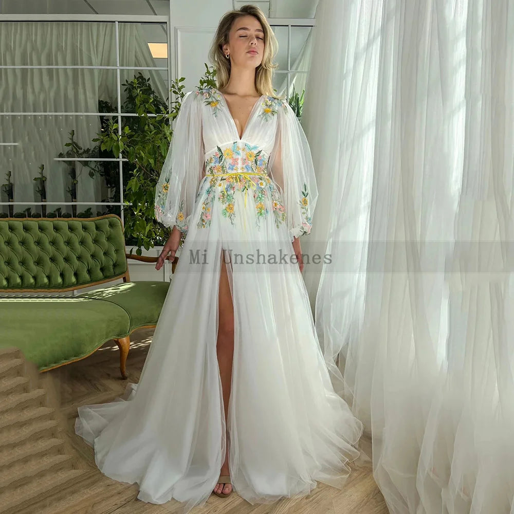 Fairy Boho Wedding Dresses Colorful Lace Embroidery Bride Dress Puff Long Sleeve Wedding Gowns V Neck Split Side Robe de mariee