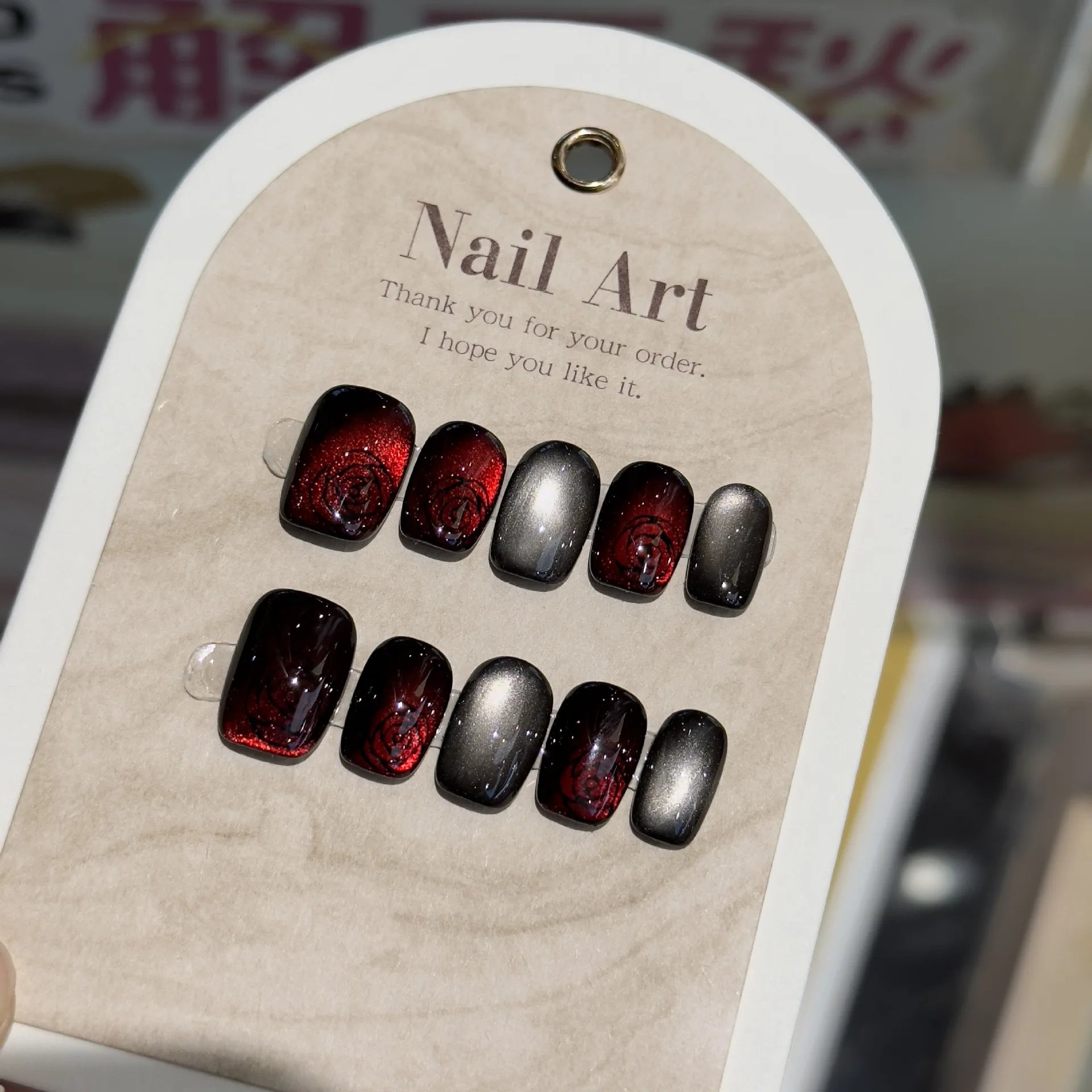 10Pcs Short Square Shimmery Rose Handmade False Nail Lovely Cat Eye Gel Nails with Glue Pearl French Press on Nail Manicure Tips