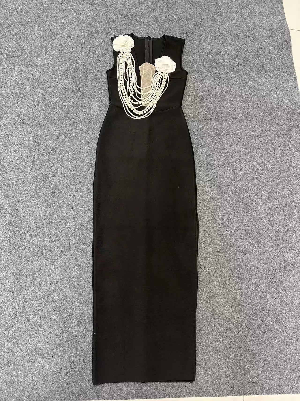 New Arrival Women Sexy Sleeveless Pearl Beading Bodycon Bandage Long Dress Celebrate Evening Party Nightclub Outfit Vestido