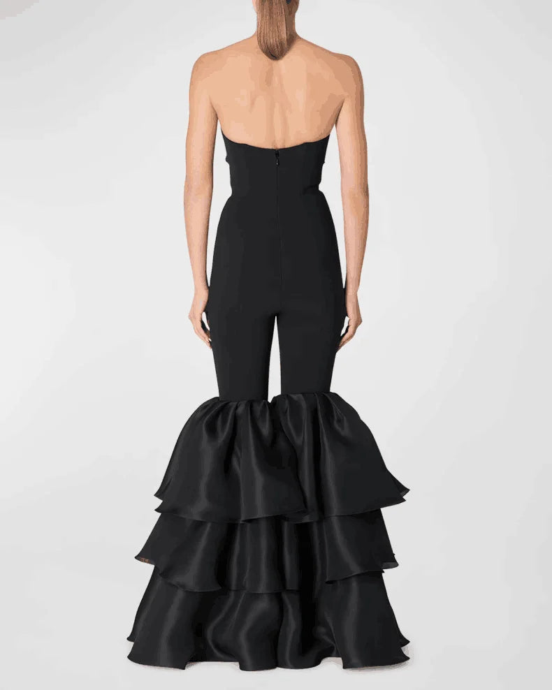 Black Color High Street Women Sexy Strapless Ruffles Wide Leg Jumpsuit Bandage Fashion Evening Party Cocktail Jumpsuit