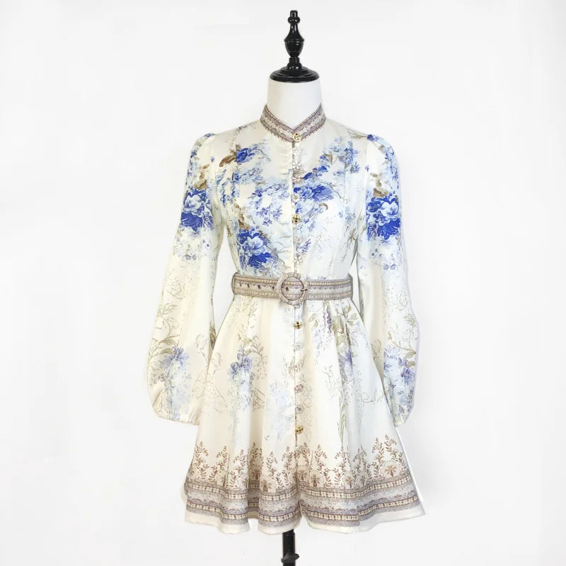Shot In Stock 2025 Spring Summer New Printed Single-Breasted Exquisite Flower Button Short A-Line Dress + Belt