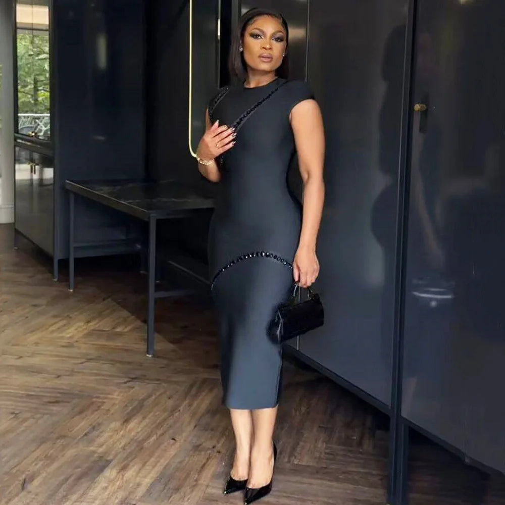 Black Color Women Sleeveless Sexy Shinning Crystal Bodycon Long Bandage Dress Elegant Evening Party Birthday Cocktail Outfit