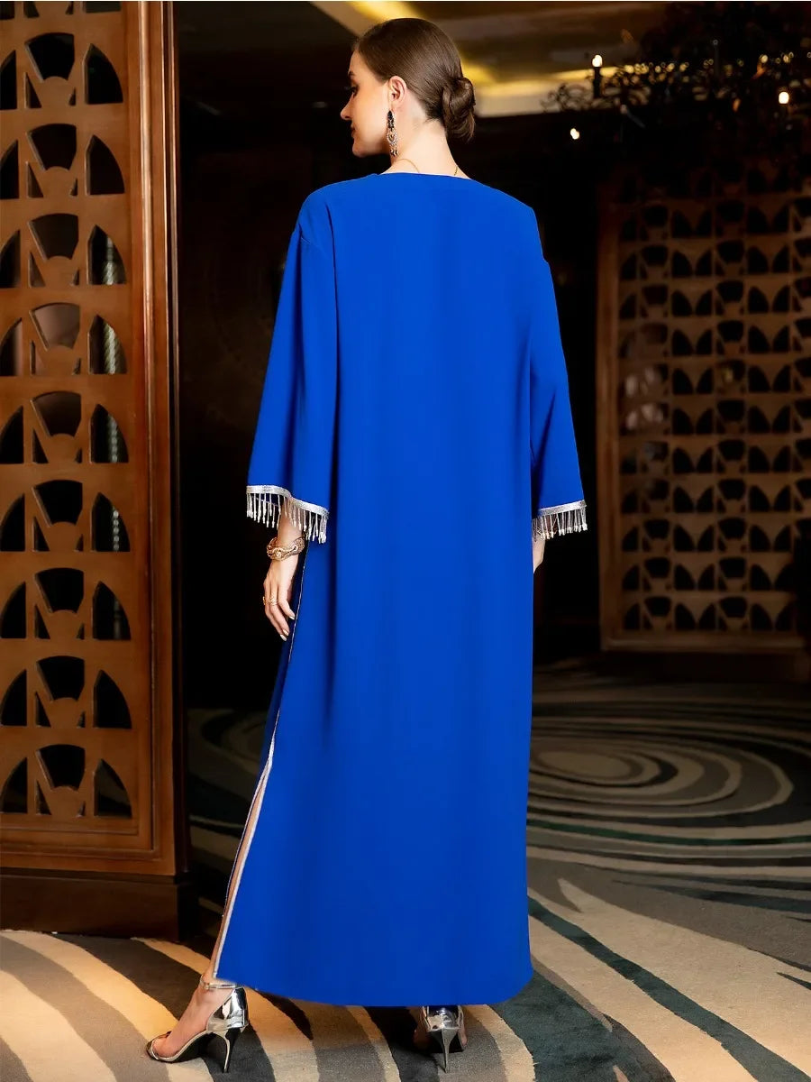 Muslimisches Kleid 2023 reines Handwerk Strass Perlen Chic Quaste Full Sleeve V-Ausschnitt Abayas für marokkanische Frauen