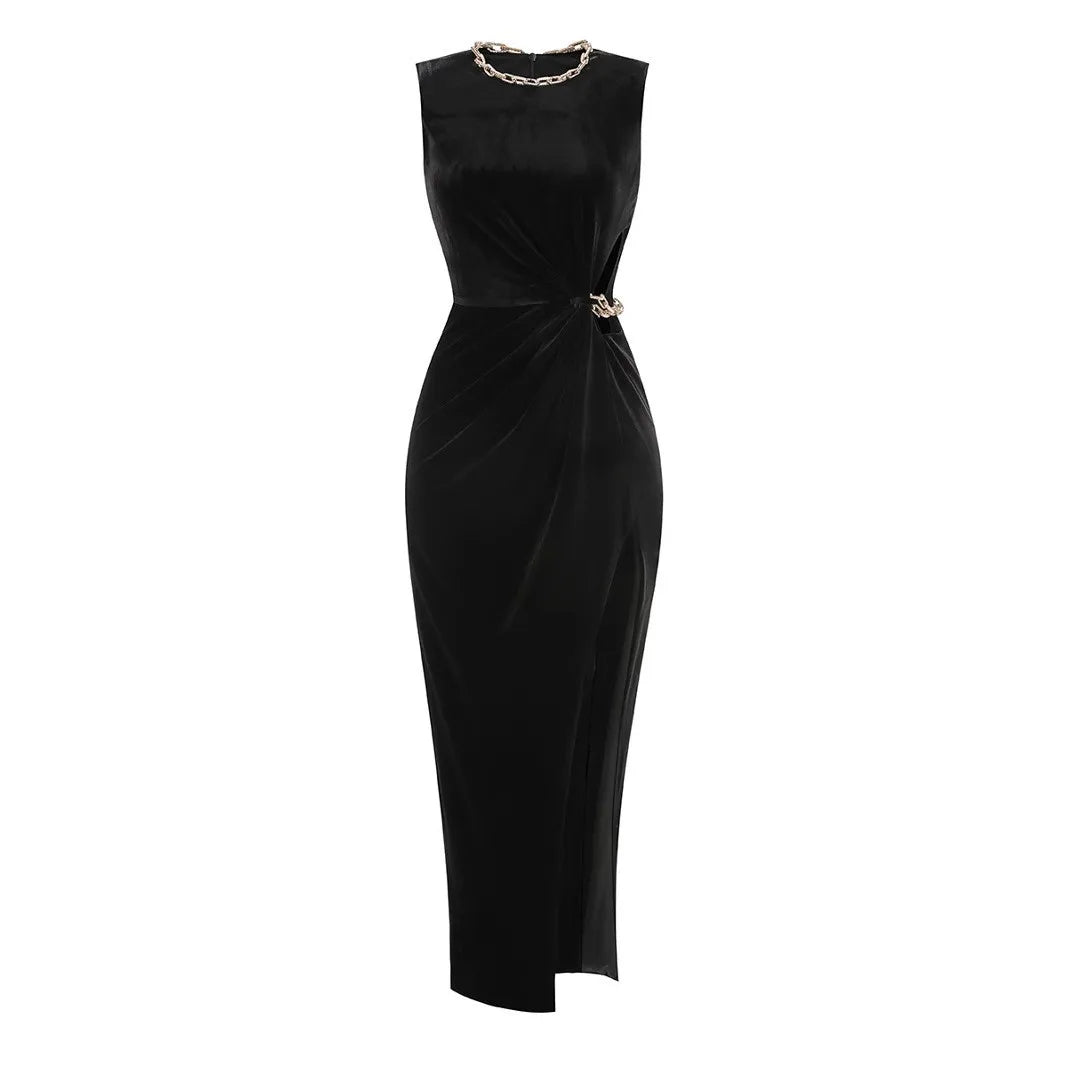High Quality Black Color Women Sexy Sleeveless O-Neck Velvet Bodycon Long Maxi Dress Elegant Evening Party Cocktail Dress