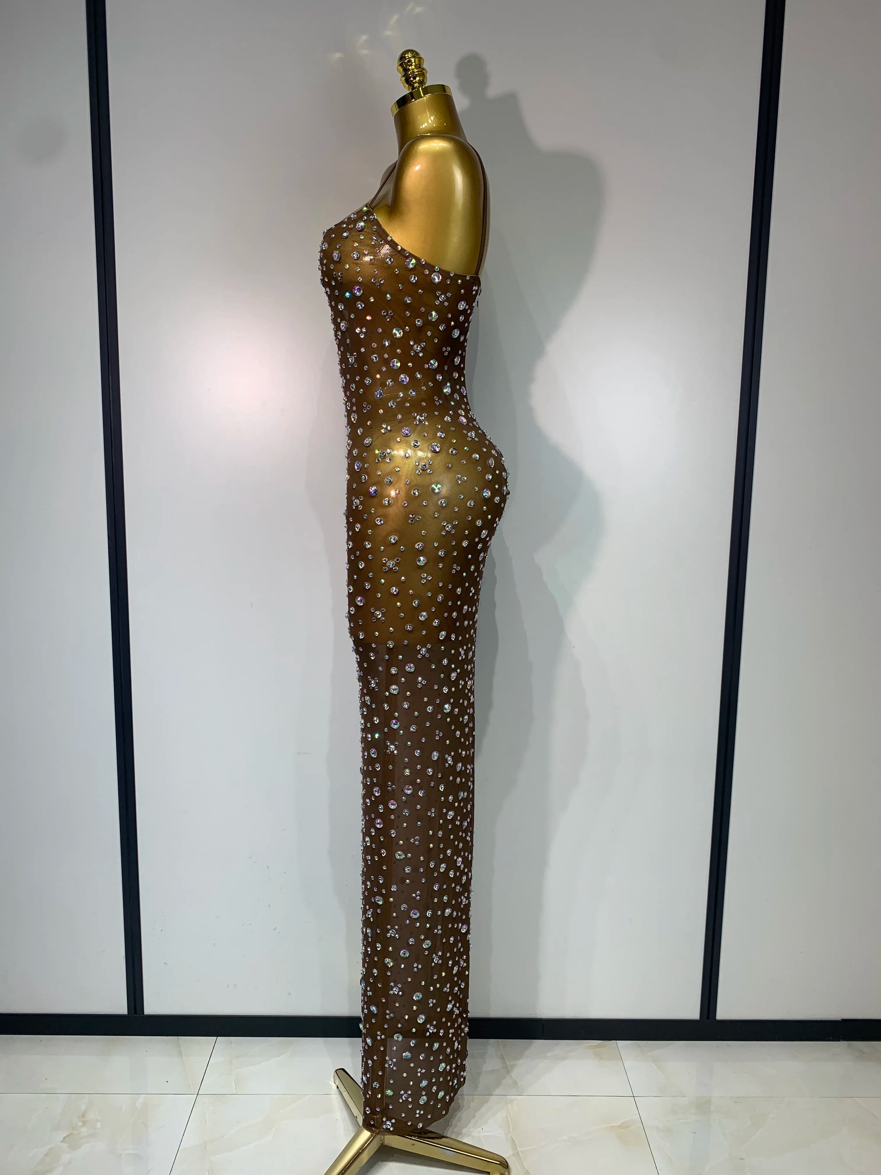 Sparkly Rhinestone Stretchy Mesh See Through Dress Women 2025 Performance Dancer Costume Luxury Birthday Nightclub Stage Outfit