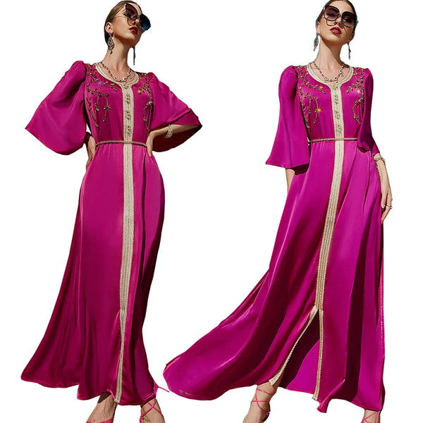 Ramadan Dubai Kaftan Muslim Women Long Dress Satin Abaya Arab Middle East Islamic Luxury Rhinestone Party Gown Moroccan Jalabiya