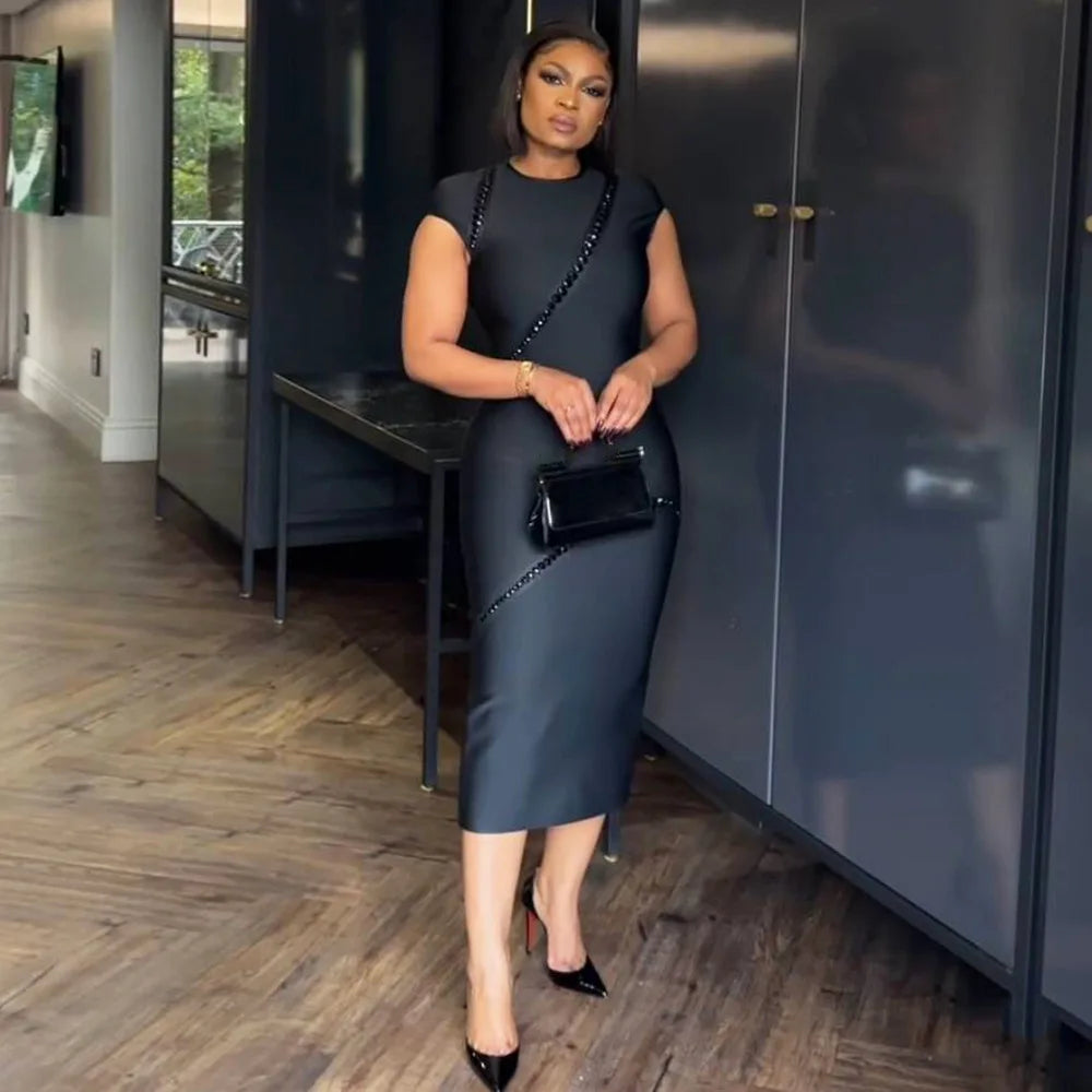 Black Color Women Sleeveless Sexy Shinning Crystal Bodycon Long Bandage Dress Elegant Evening Party Birthday Cocktail Outfit