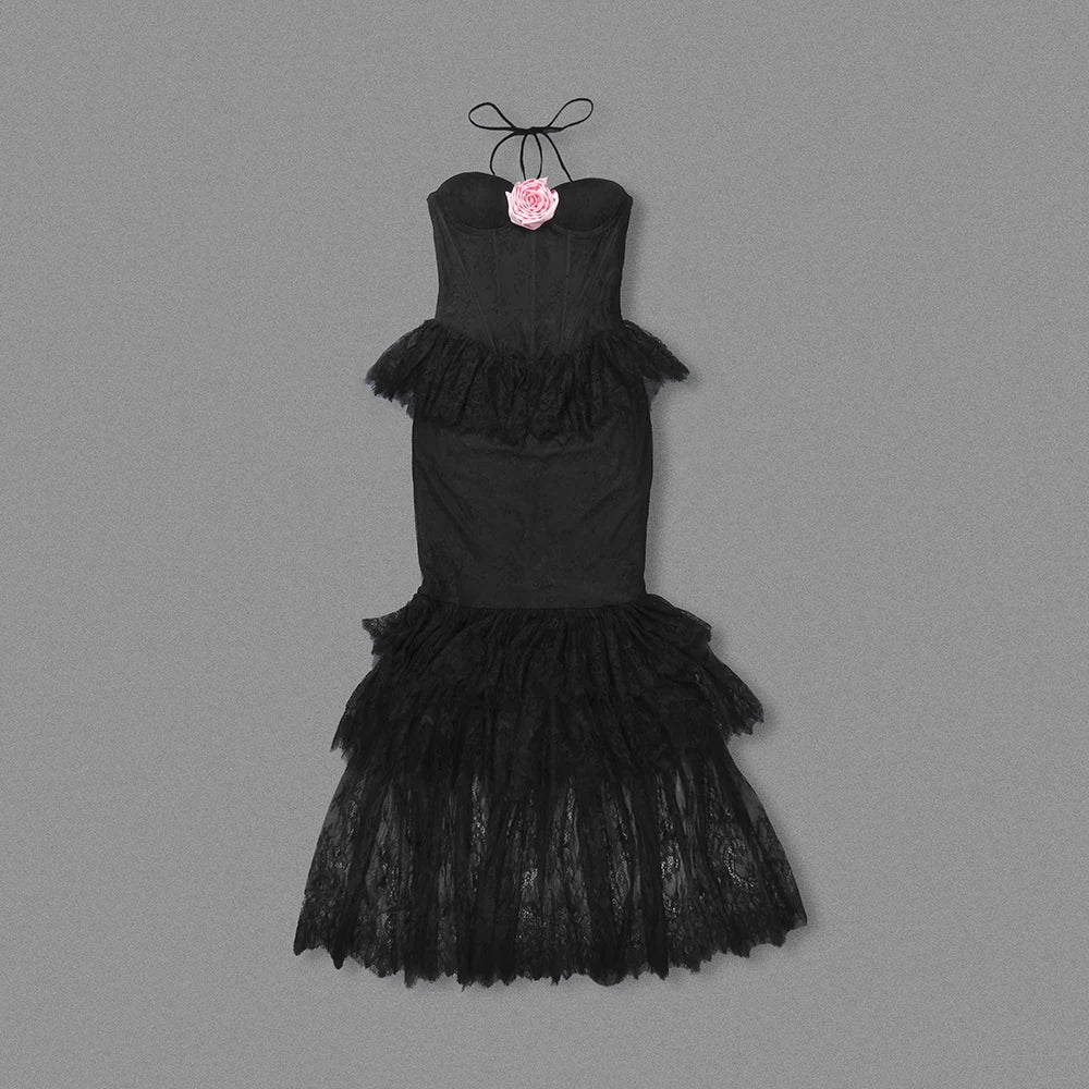 Women Celebrity Sexy Backless Halter Black Lace Flower Maxi Long Gowns Dress 2025 Elegant Evening Party Club Vestido