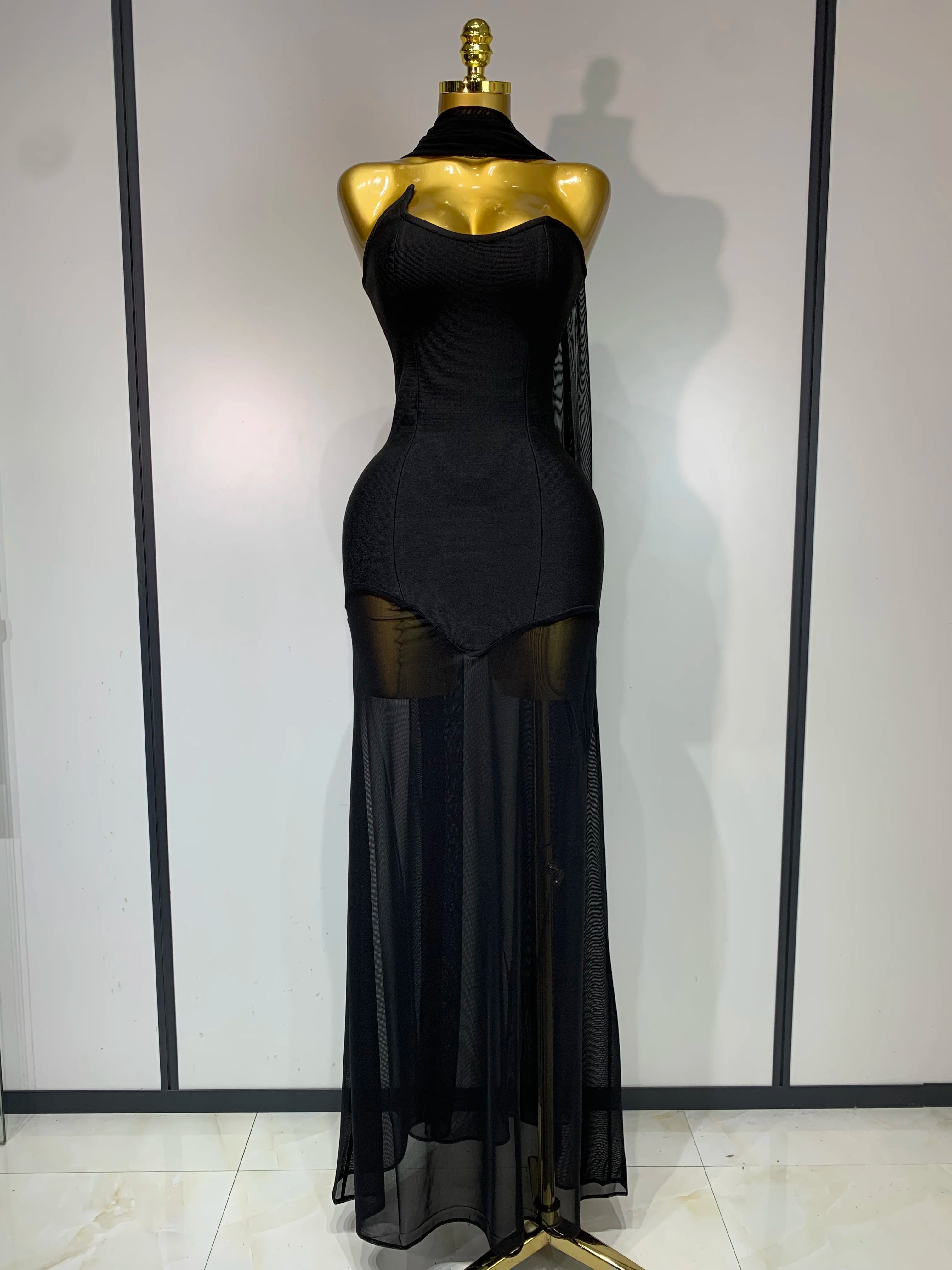 Women Sexy Strapless Mesh Patchwork Bandage Long Dress With Scarf 2025 Elegant Backless Maxi Dresses Celebrity Club Party Outfit