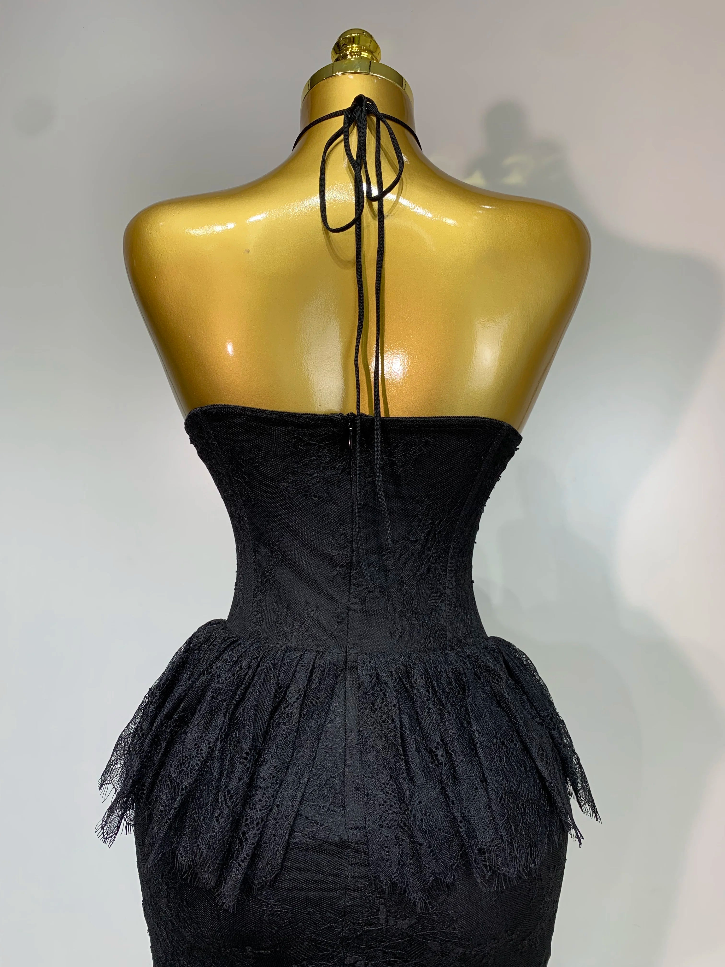 Luxury Sexy Lace Halter Flower Ruffles Long Dress Women Black Sleeveless Backless Bodycon Dresses Evening Party Birthday Dress