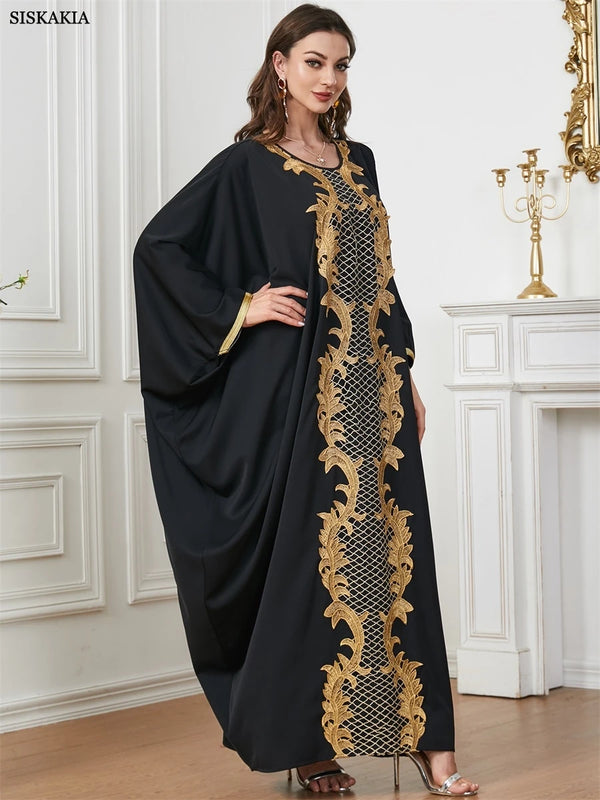 Black Batwing Sleeve Abayas Embroidery Casual Saudi African Women Dresses Moroccan Kaftan Islam Clothing Muslim Robe