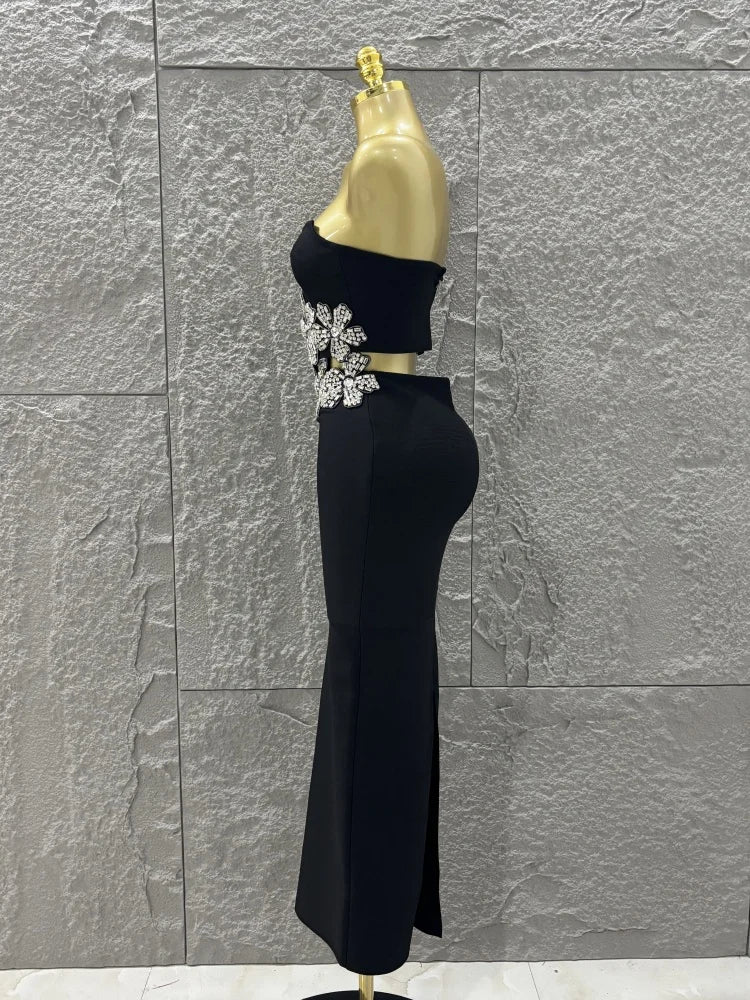 Black Color Women Shinning Diamond Flowers Sexy 2 Pieces Bodycon Long Bandage Dress Nightclub Party Celebrate Birthday Outfit