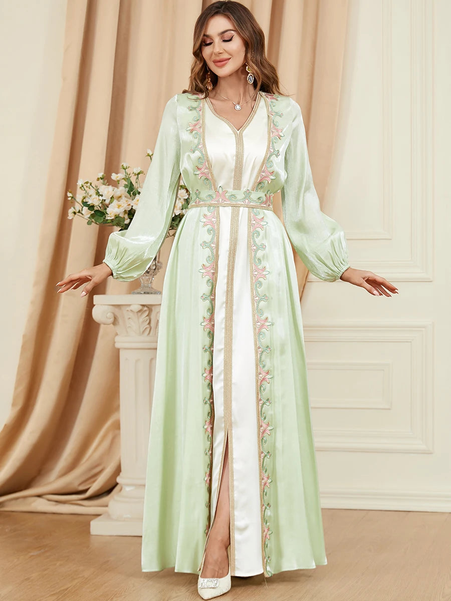 Satin 2 Stück Abaya Set Jilbabs für Frau Dubai Dubai Solid Tape Trim Lanternärmel V-Ausschnitt Elegante Schärpe Muslim langes Kleid