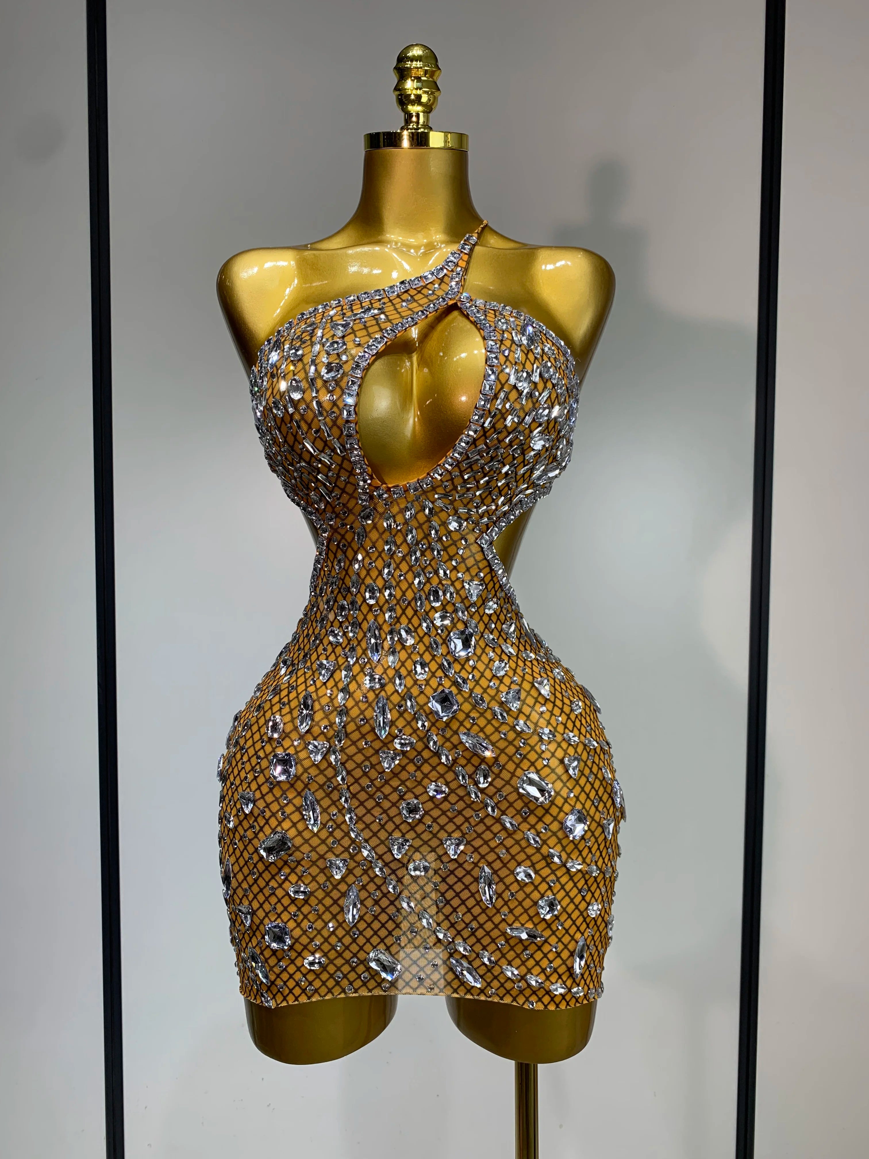 Sparkly Rhinestones Backless Mini Dress Women Sexy Mesh Transparent Celebrate Evening Birthday Dress Photo Shoot Stage Wear