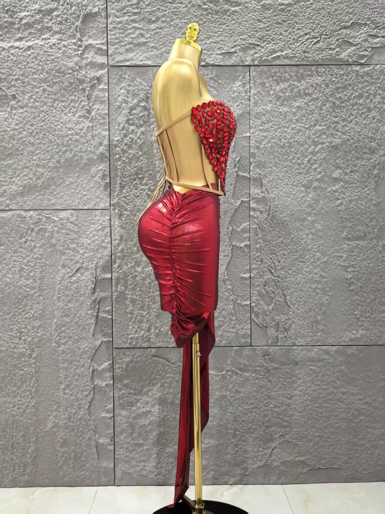 Shinning Crystal Women Sexy Strapless Laced-up 2 Pieces Bodycon Mini Dress Celebrate Nightclub Party Bar Singer Stage Wear