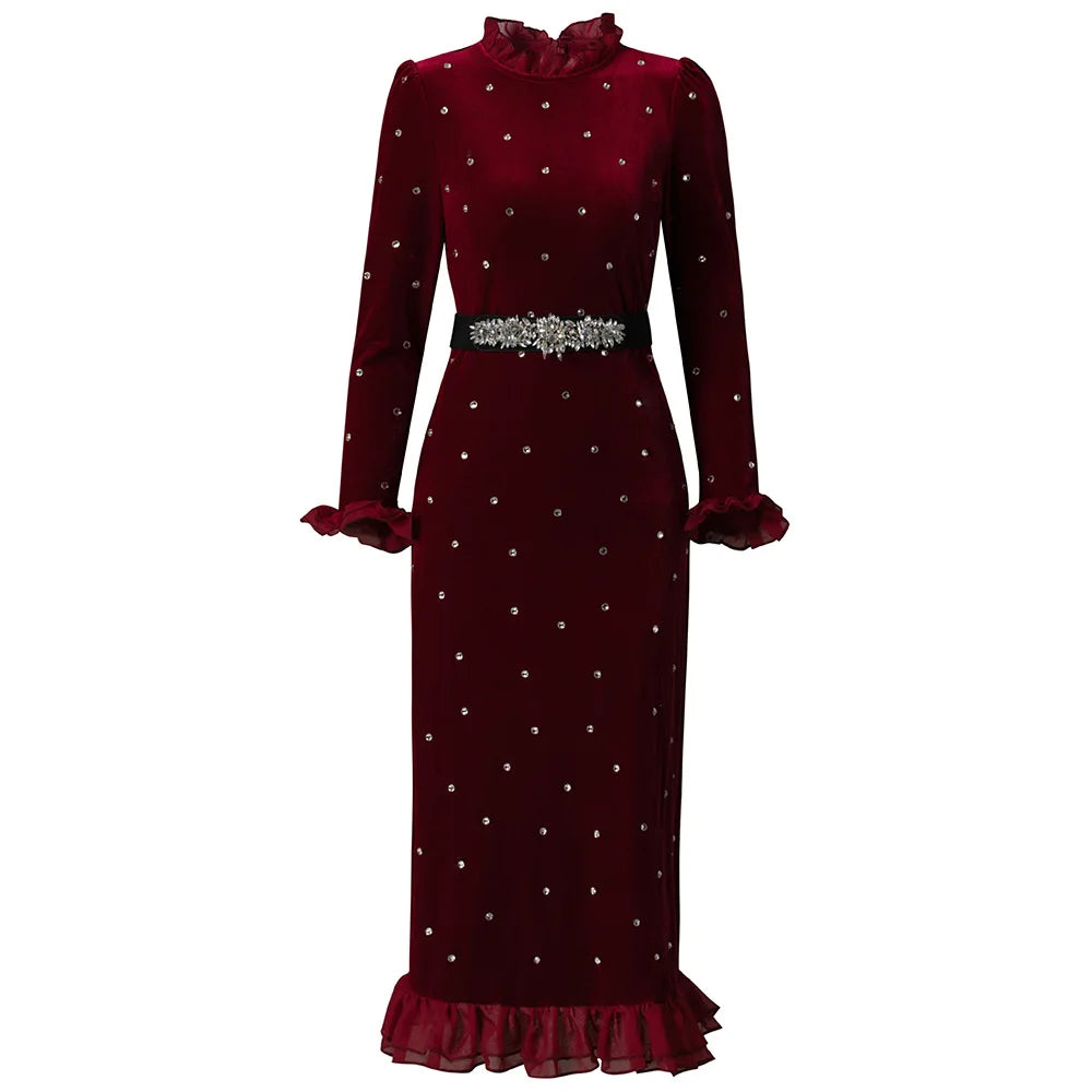 TWOTWINSTYLE Solid Slimming Spliced Wave Point Elegant Dresses for Women Round Neck Long Sleeves Patchwork Bead Dress Female New