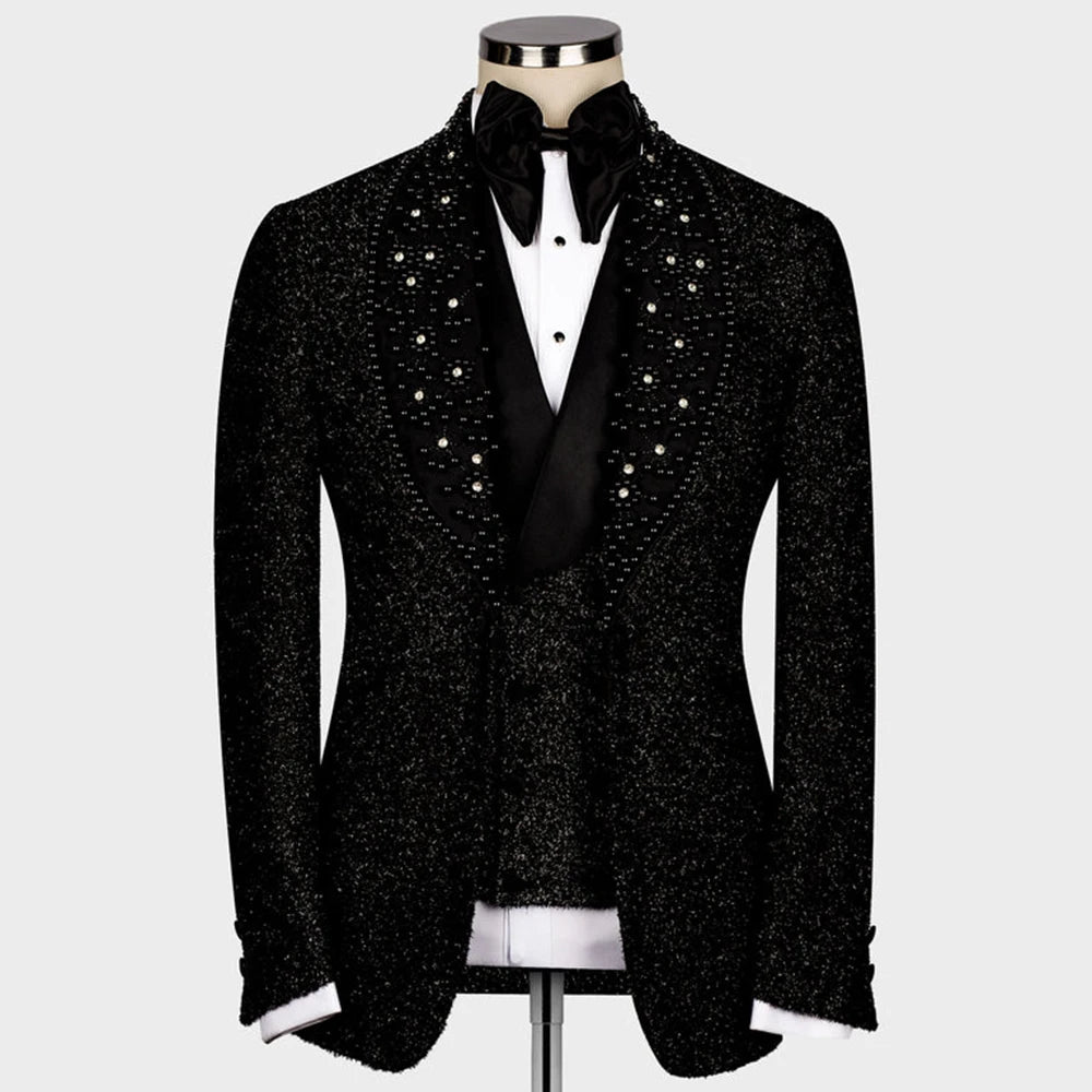 Elegant Man Wedding Suits Formal Banquet Party Black Pearls Beaded Lapel Prom Blazer Plus Size Sparkly Men's Tuxedos Chic Dress Black