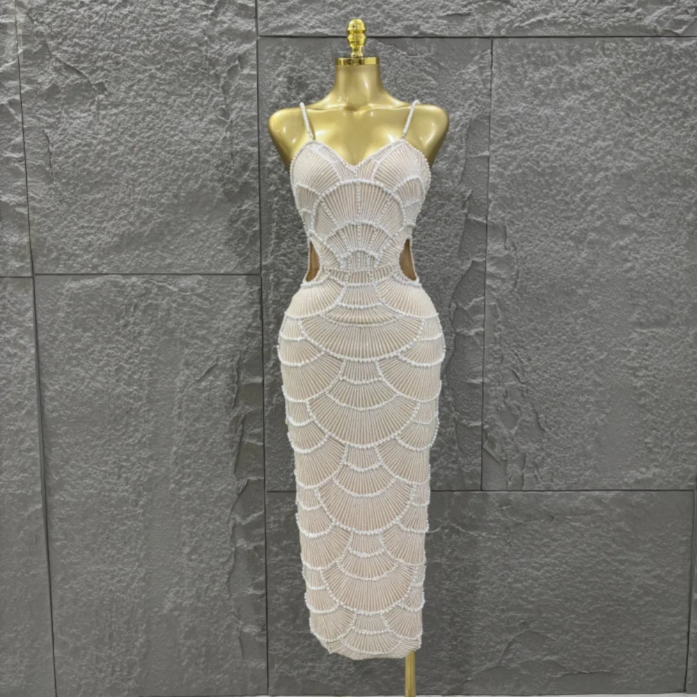 Hot Sale Women Sleeveless Sexy Strap Pearl Beading Bodycon Long Dress Celebrate Evening Party Birthday Cocktail Outfit