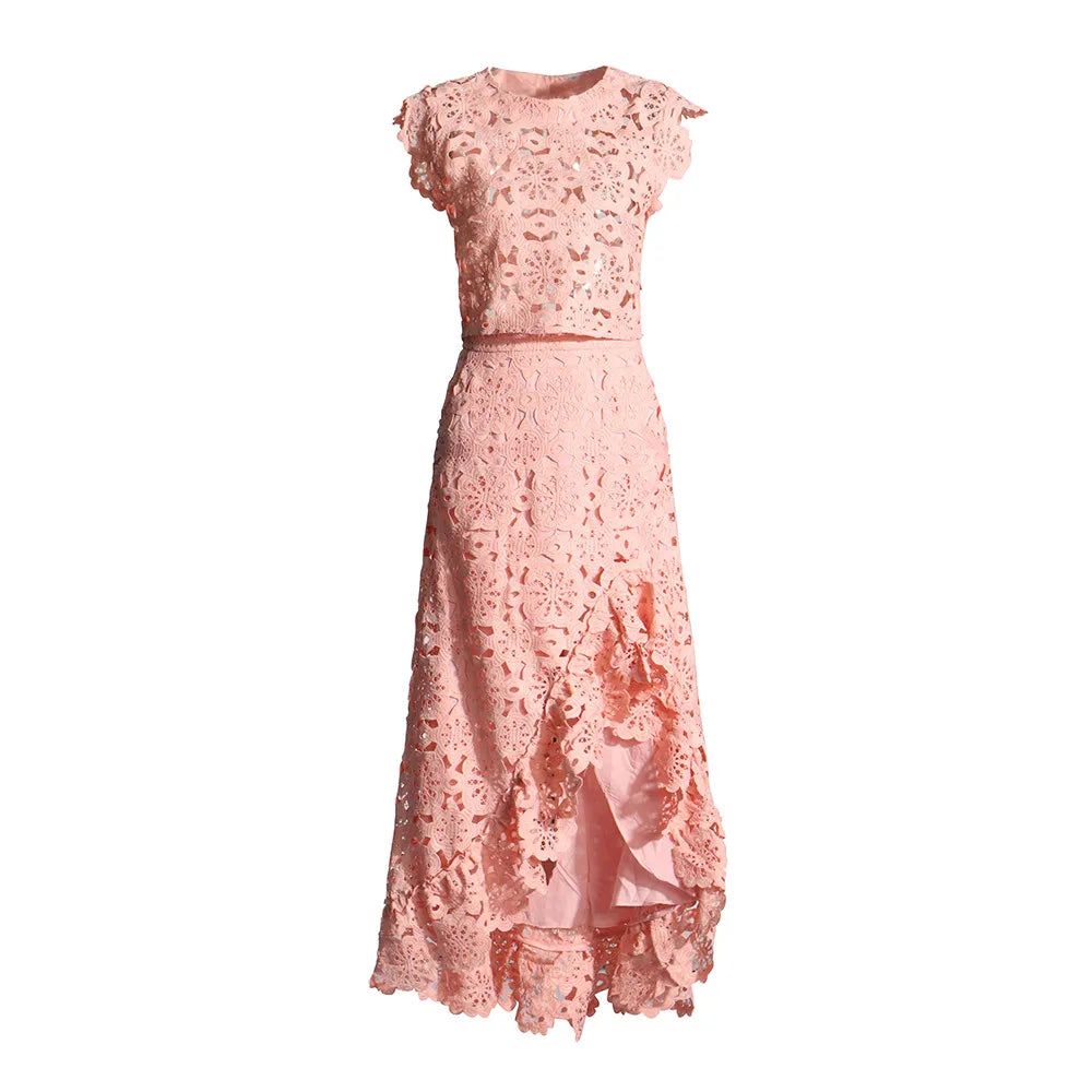 TWOTWINSTYLE Hollow Out Embroidery Two Piece Set For Women Round Neck Sleeveless Top High Waist Split Skirts Elegant Sets Female