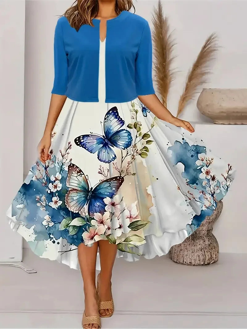 2025 autumn new women's long crewneck printed dress short needle two-piece cardigan short coat