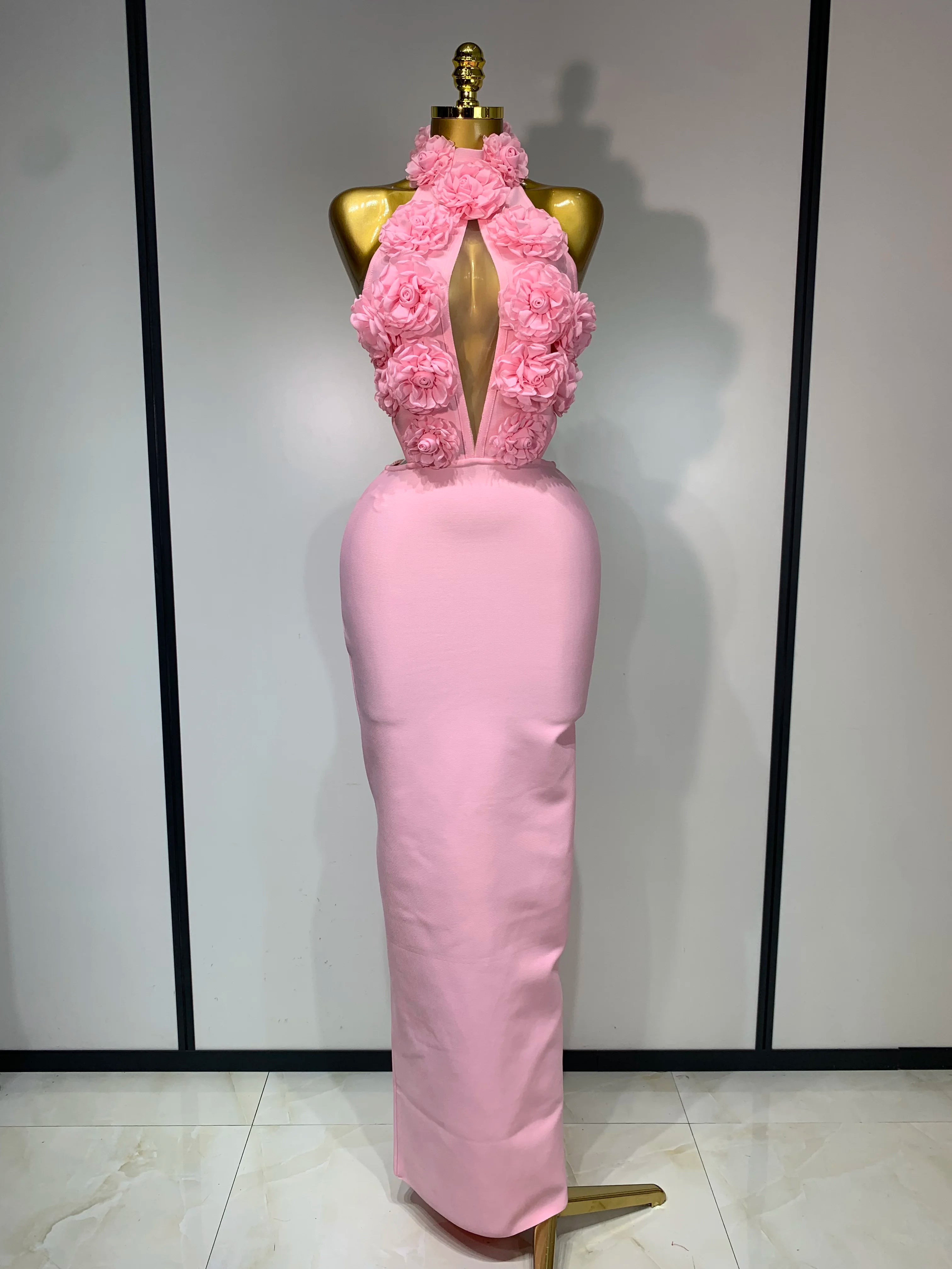 Women Sexy Halter Hollow Out Flowers Bodycon Bandage Dress Red Backless Celebirty Elegant Party Luxury Birthday Wedding Dresses