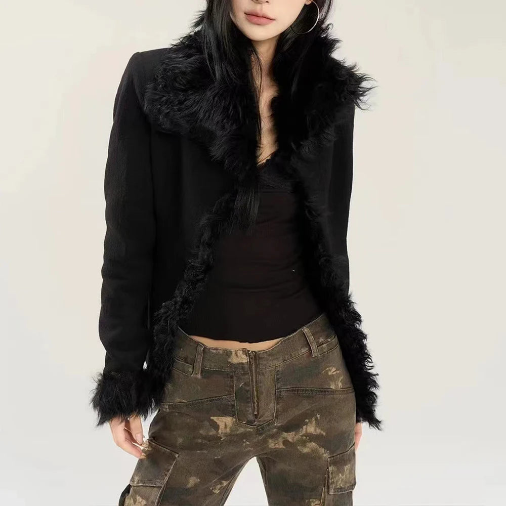 TWOTWINSTYLE Solid Spliced PU Leather Coats For Women Lapel Long Sleeve Patchwork Fur Vintage Thick Coat Female Fashion Clothing
