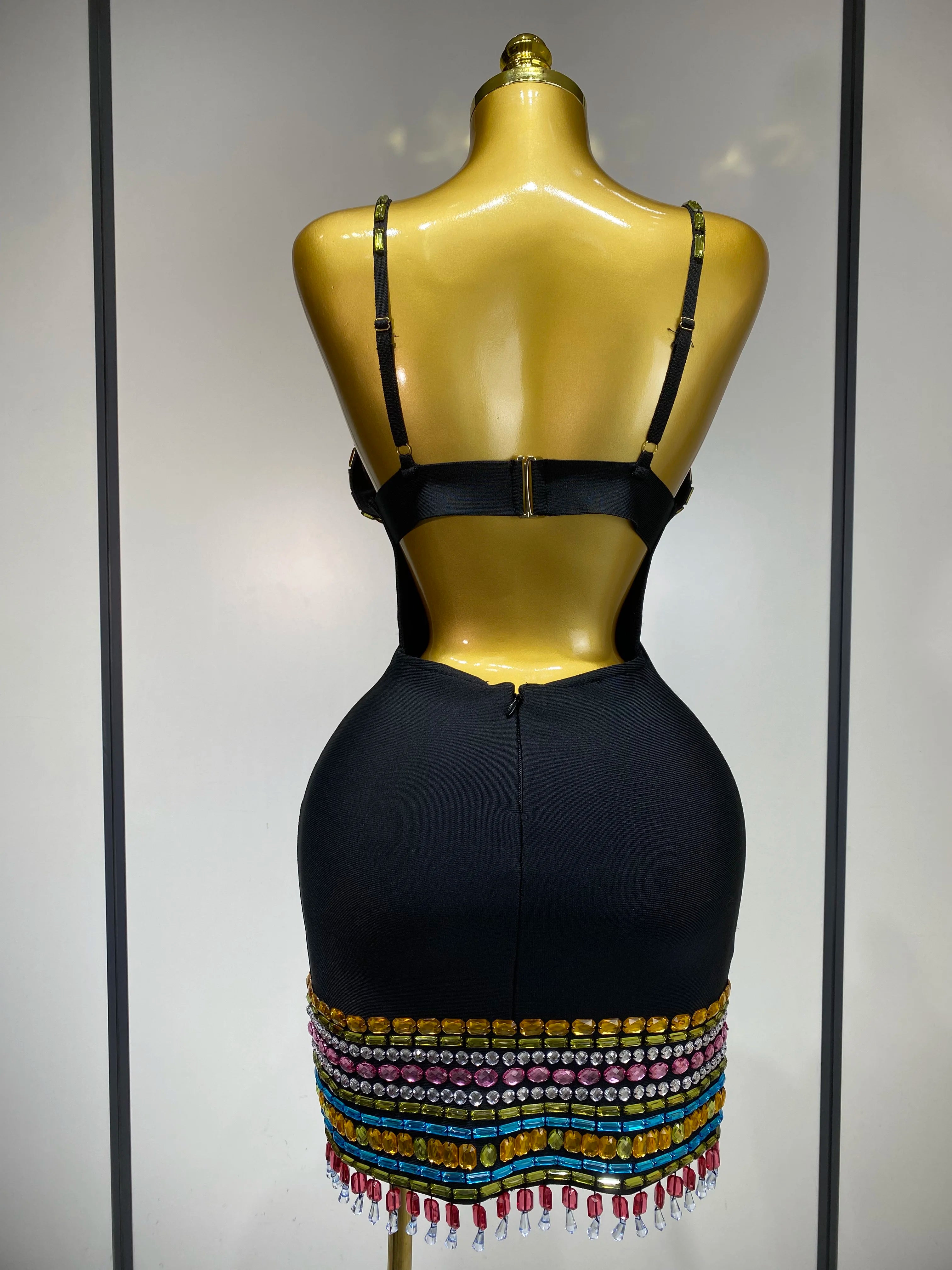 Sparkly Colorful Diamonds V Neck Black Bodycon Bandage Dress 2025 Celebrity Elegant Evening Club Party Luxury Birthday Dresses