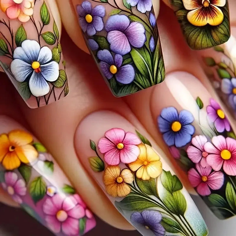 24Pcs Press on Nails Mid-length Square Head Blue Coffin Fashionable Nail Patch Flowers Spring Design Wearable Finished Manicure