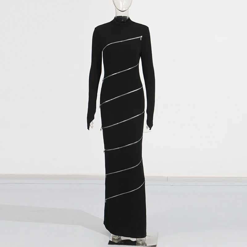 TWOTWINSTYLE Solid Slimming Spliced Zipper Dress for Women Stand Collar Long Sleeve High Waist Dresses Female Temperament Style