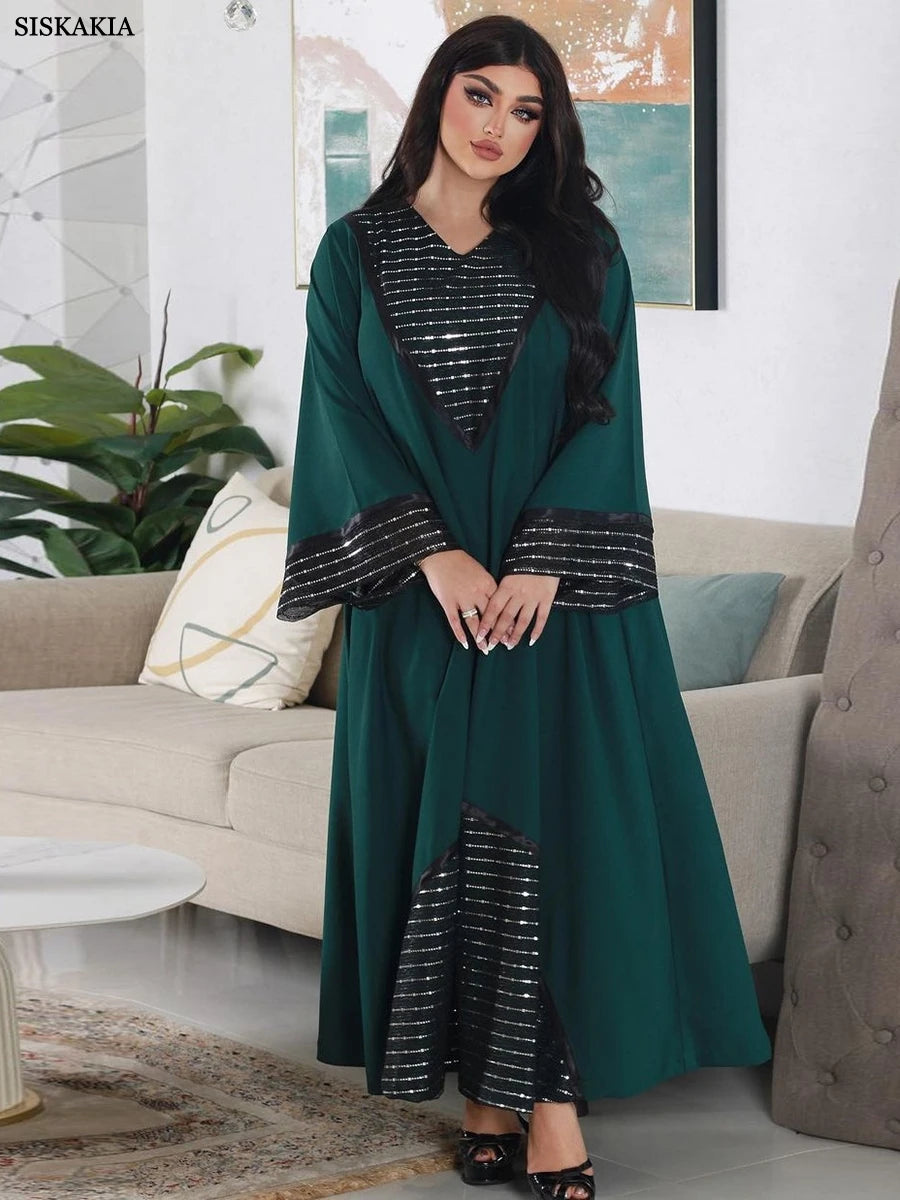 Fashion Sequins Black Mesh Patchwork Dubai Abaya Elegant Casual Full Sleeve V-Neck Long Dress Women Muslim