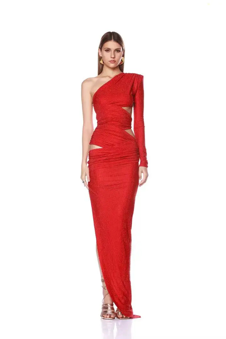 Shinning Rhinestones Women Sexy One Shoulder Bodycon Long Dress Wedding Memaid Party Celebrate Cocktail Dress Vestido