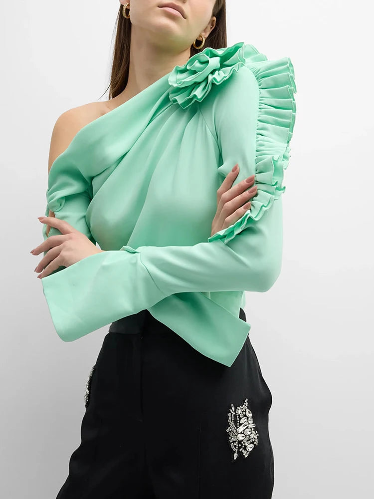 TWOTWINSTYLE Patchwork Appliques Asymmetrical Blouse For Women Diagonal Collar Long Sleeve Solid Pullover Shirts Female Fashion