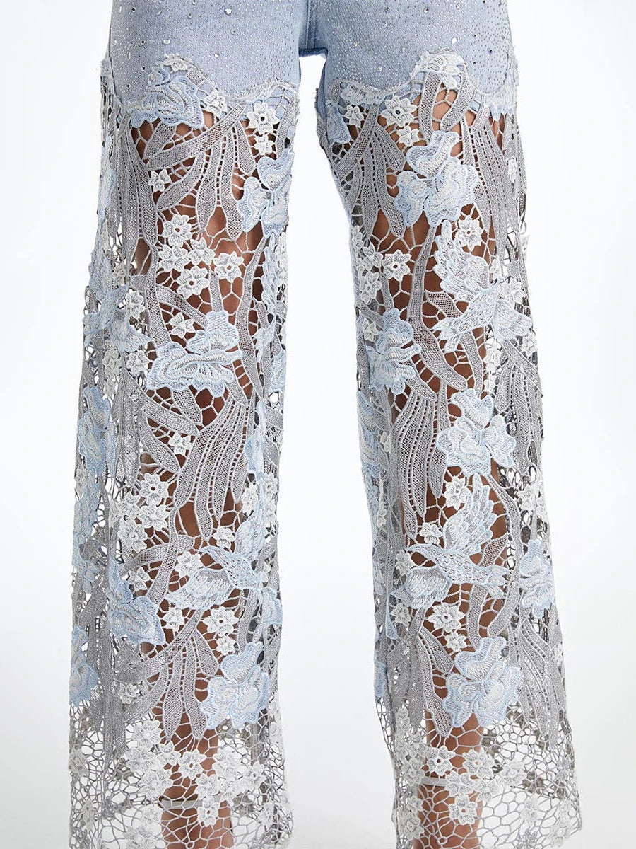 TWOTWINSTYLE Solid Loose Spliced Hollow Out Fashion Jeans for Women High Waist Patchwork Applique Wide Leg Pants Female Clothing