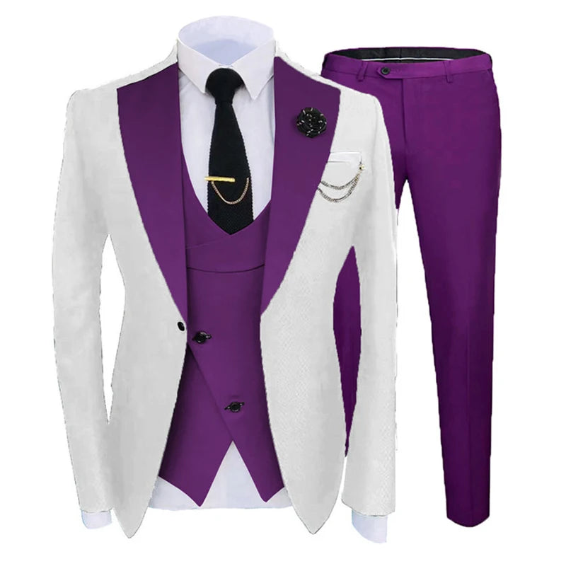 Slim Fit Formal Men Suits for Wedding with Wide Notched Lapel 3 Pieces Groom Tuxedo Male Fashion Jacket Vest Pants 2022 White and Purple