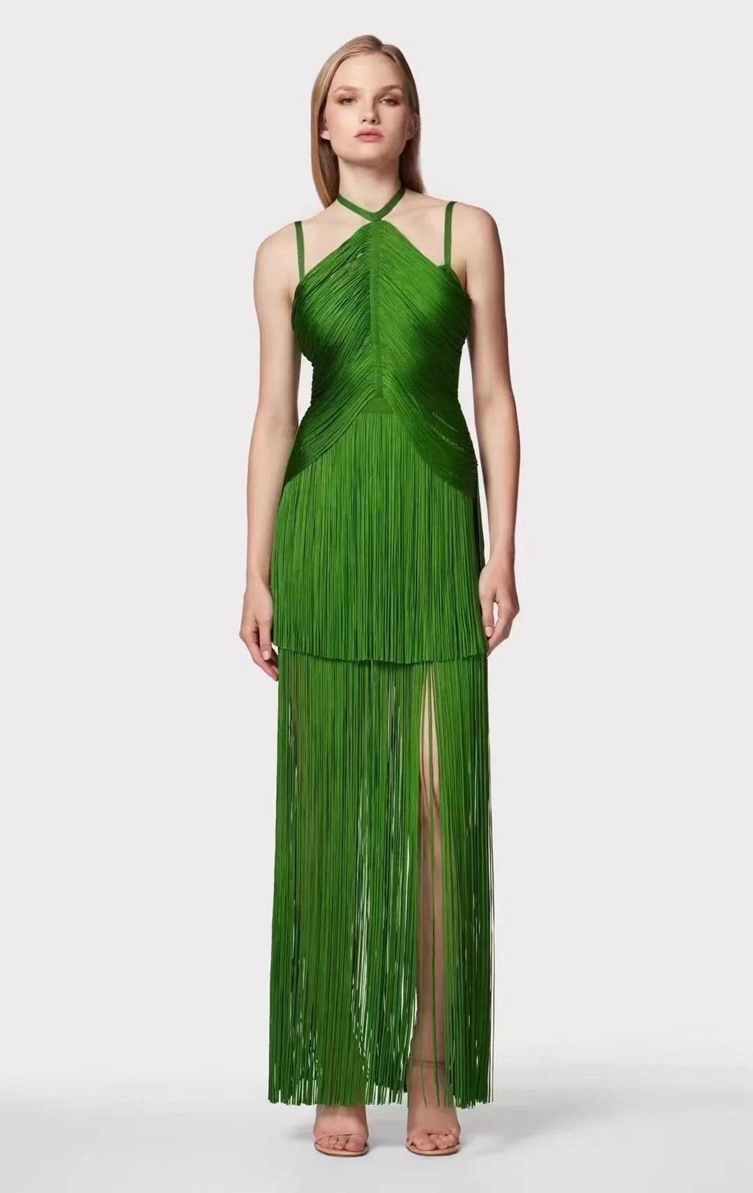 New Black Color Women Sleeveless Sexy Strap Long Tassel Bodycon Bandage Dress Celebrity Red Carpet Evening Party Outfit