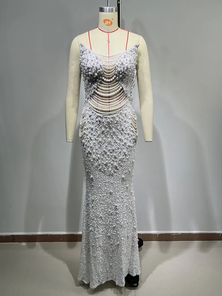 Women Luxury Sexy Strapless Backless Pearl Sequins Maxi Long Beige Gowns Dress Elegant Evening Party Club Dress Vestido