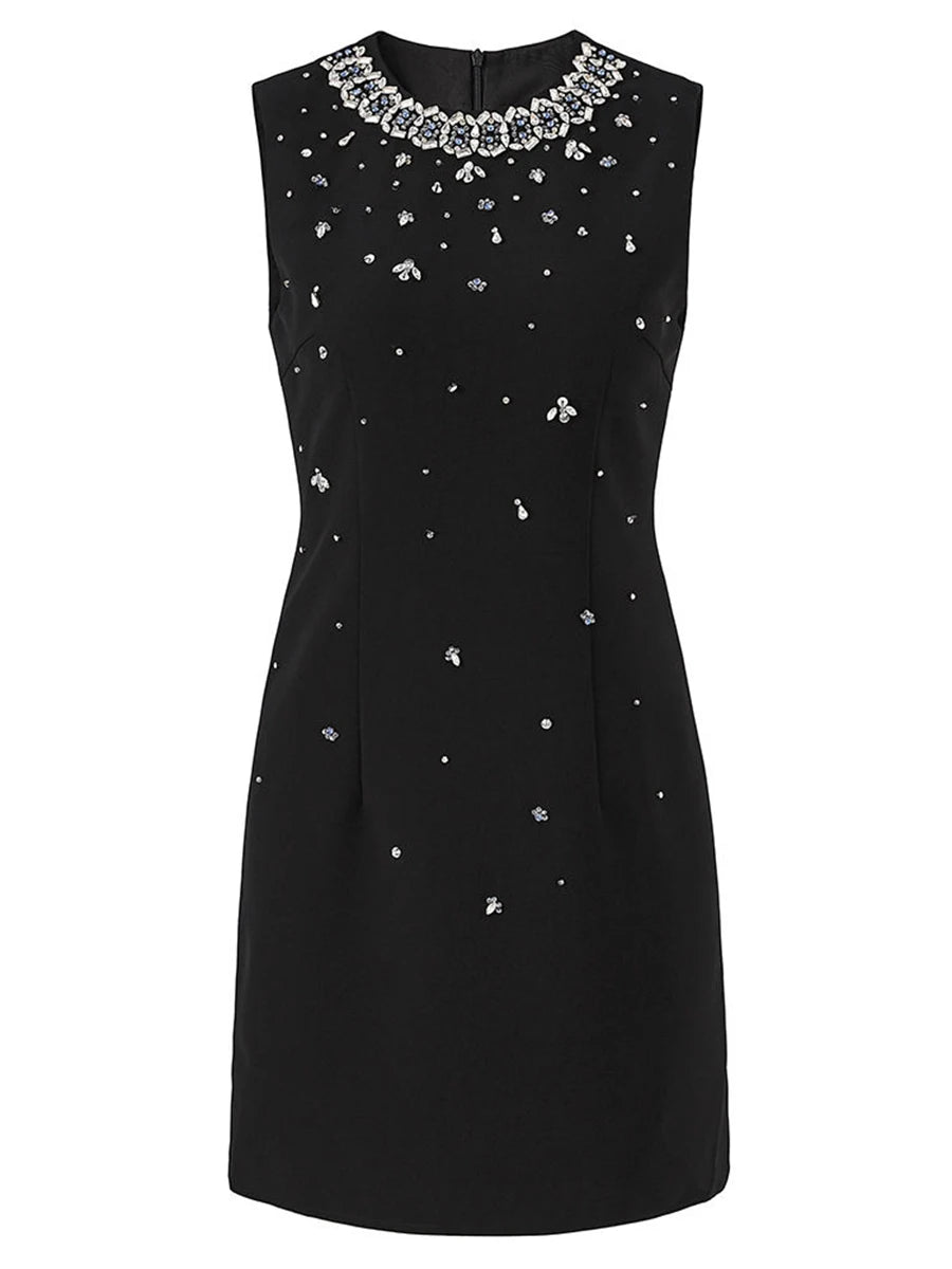 TWOTWINSTYLE Solid Slimming Spliced Bead Luxurious Mini Dresses for Women Round Neck Sleeveless Temperament Dress Female Fashion