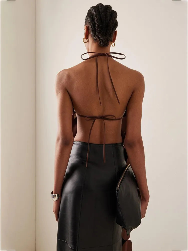 TWOTWINSTYLE Solid Backless Dresses For Women O Neck Sleeveless Patchwork Lace Up Temperament Slimming Dress Female Fashion New