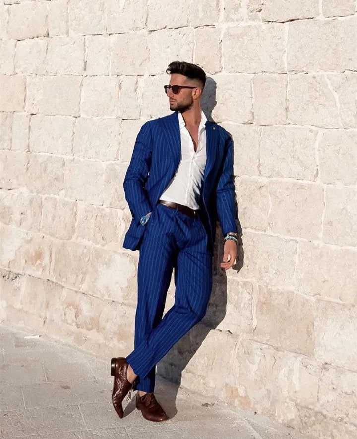 Blue Stripe Men Suits Slim Fit Wide Peak Lapel Groom Tuxedo for Wedding Wear 2 Pieces Male Fashion Blazer with Pants 2023 Blue