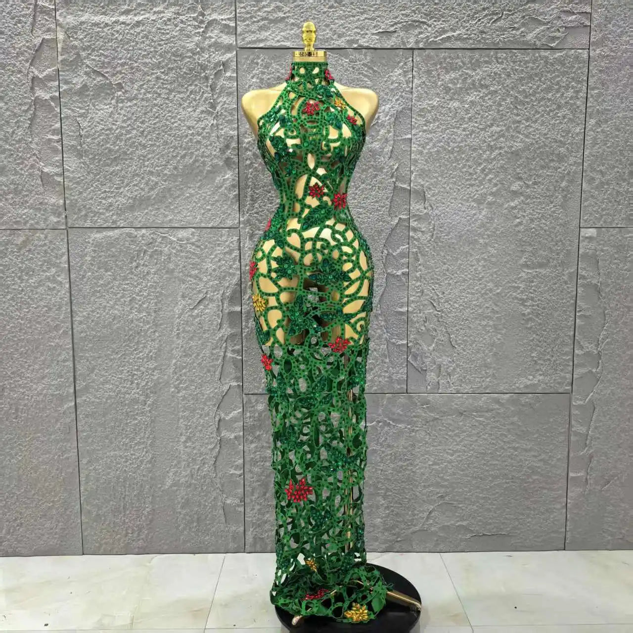 Women Sleeveless Sexy Hollow Out Shinning Rhinestones Bodycon Long Dress Backless Celebrate Nightclub Party Celebrity Stage Wear