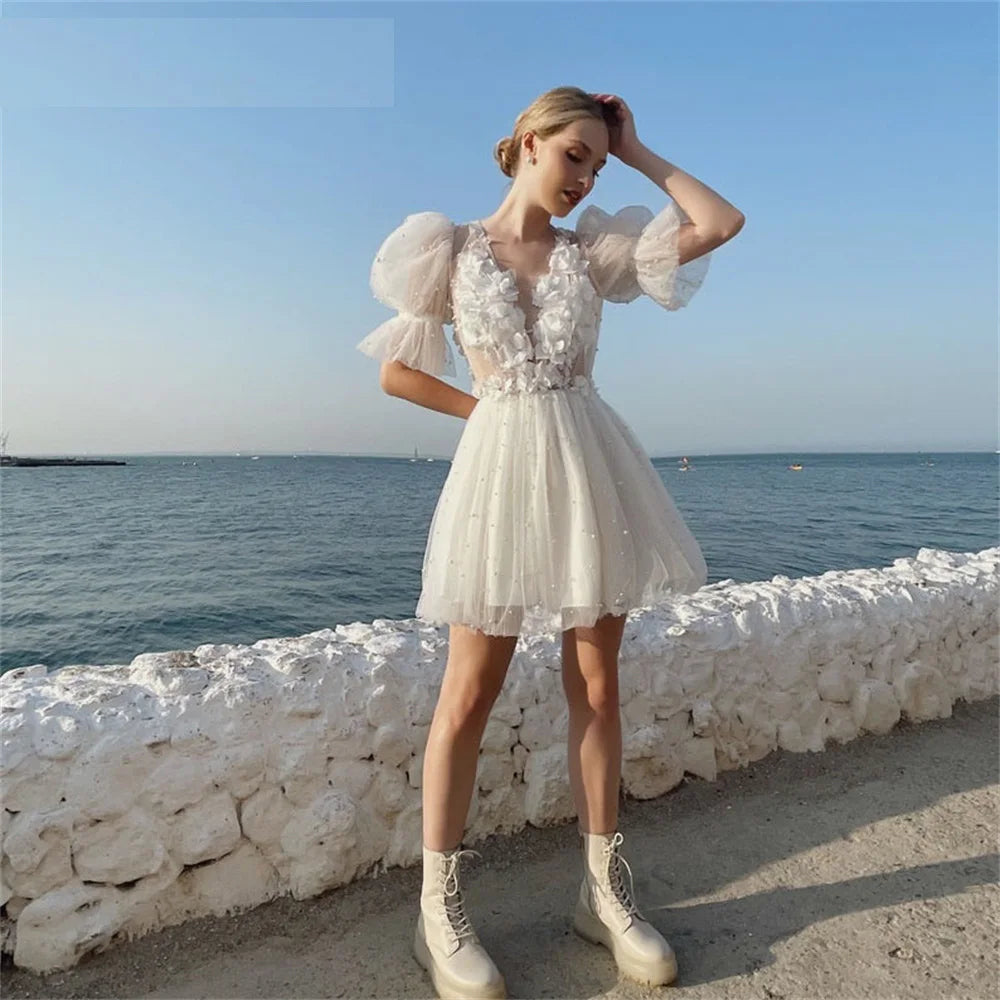 Ramanda V-Neck Short Simple Wedding Dress For Women A-Line Organza Modern Bridal Gown Puff Sleeves Backless Robe De Mariée Ivory