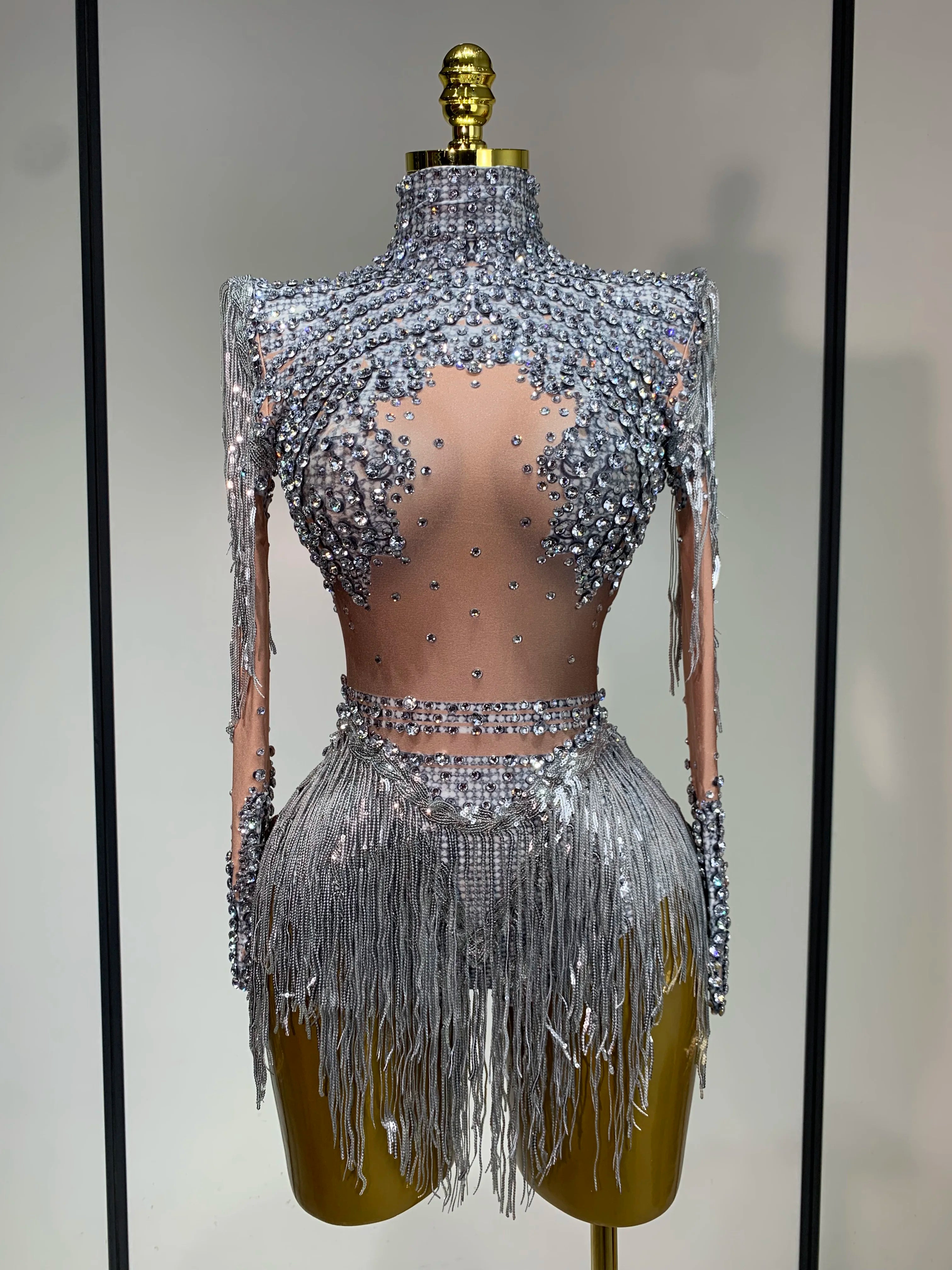 Women Long Sleeve Sexy Shinning Tassels Rhinestone Bodycon Bodysuit High Stretch Bar Dancer Nightclub Stage Wear Birthday Outfit