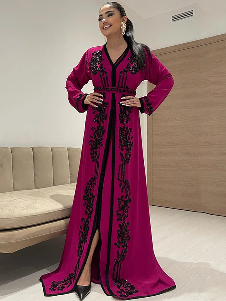 Pitaya Color V Neck Caftan Moroccan Evening Dresse Long Sleevees Lace Special Special Dress Lace Party Gown