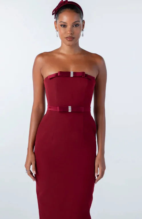 New Arrival Women Sexy Strapless Bow Bodycon Mid-calf Dress Celebrate Birthday Party Date Cocktail Outfit High Quality