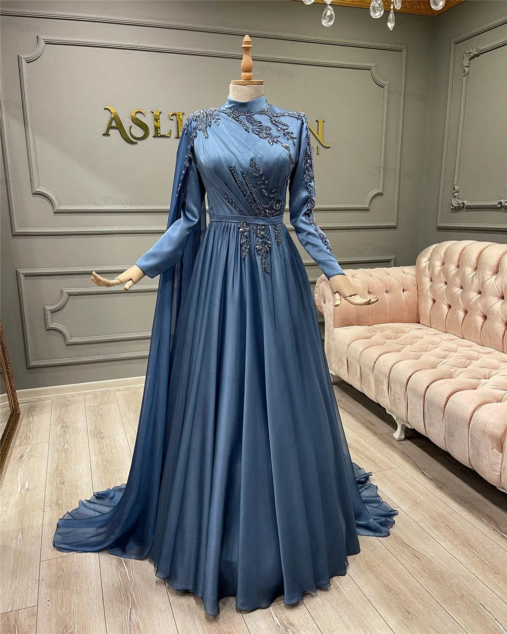 Elegant Arabic Muslim Women Formal Dress Full Sleeves Robes De Soirée A-Line Chiffon High Neck Dubai Caftan Evening Prom Dresses