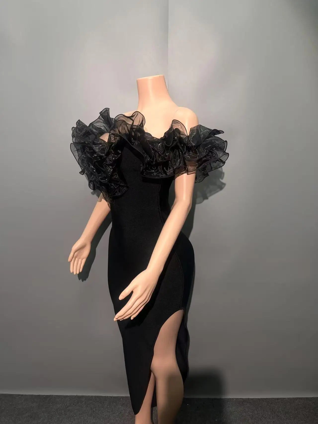 High Quality Women Slash Neck Ruffles Bodycon Bandage Mid-calf Dress Celebrate Nightclub Party Birthday Outfit Wholesale