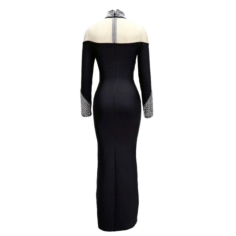 Fashion Sexy European And American Women Long Sleeve Black Sexy Round High Neck Color Long Sleeve Diamond Decoration Slim Dress