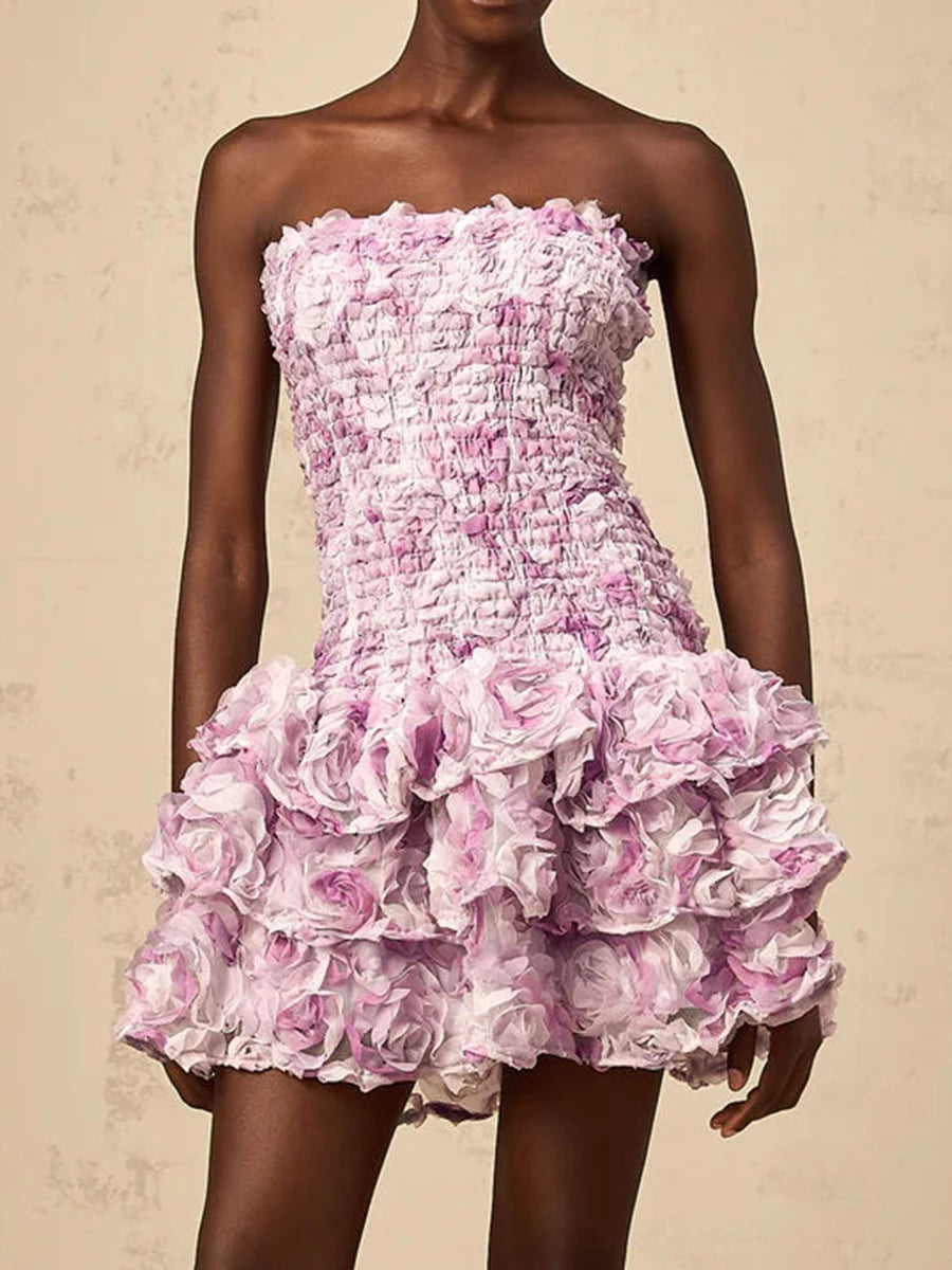 TWOTWINSTYLE Colorblock Fashion Temperament Dresses for Women Strapless Sleeveless Patchwork 3D Flowers Dress Female Clothing